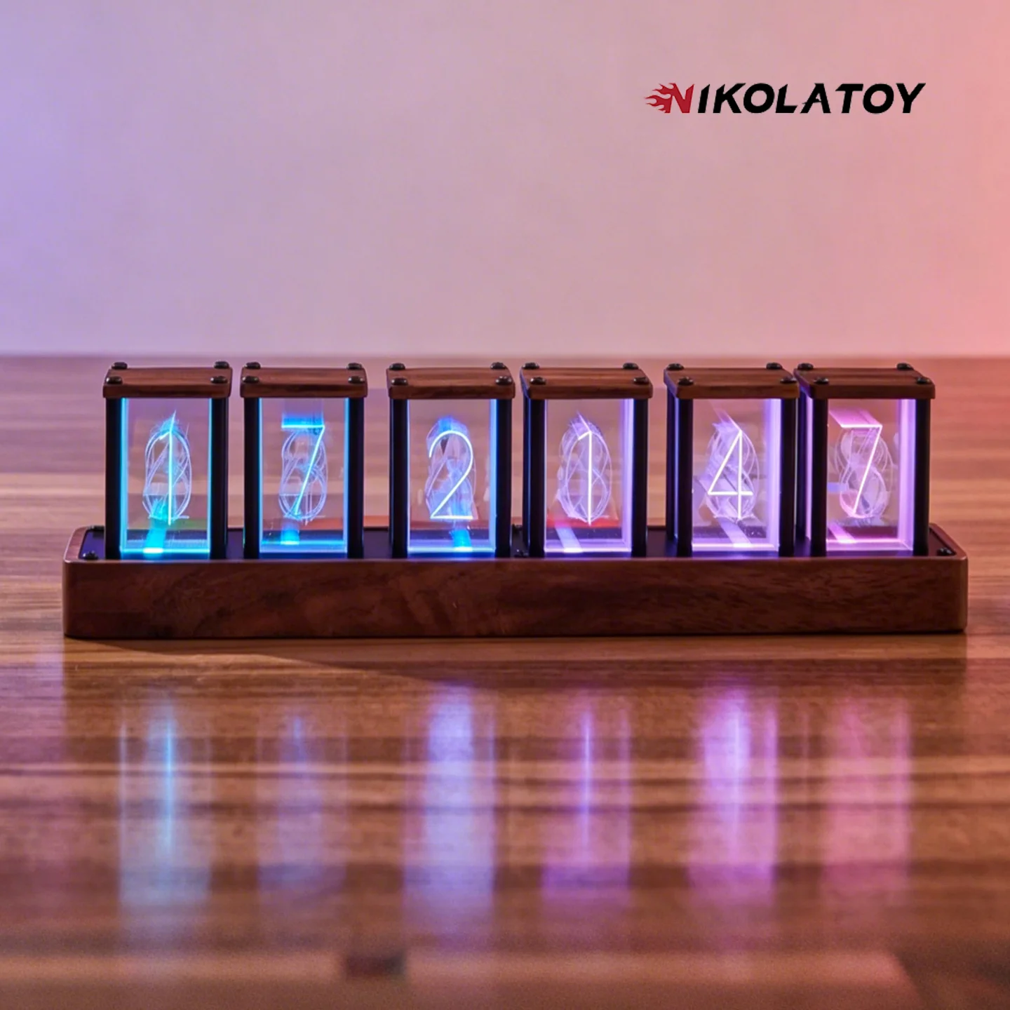 Creative Retro Walnut Wood RGB Glow Tube Clock - Image 3