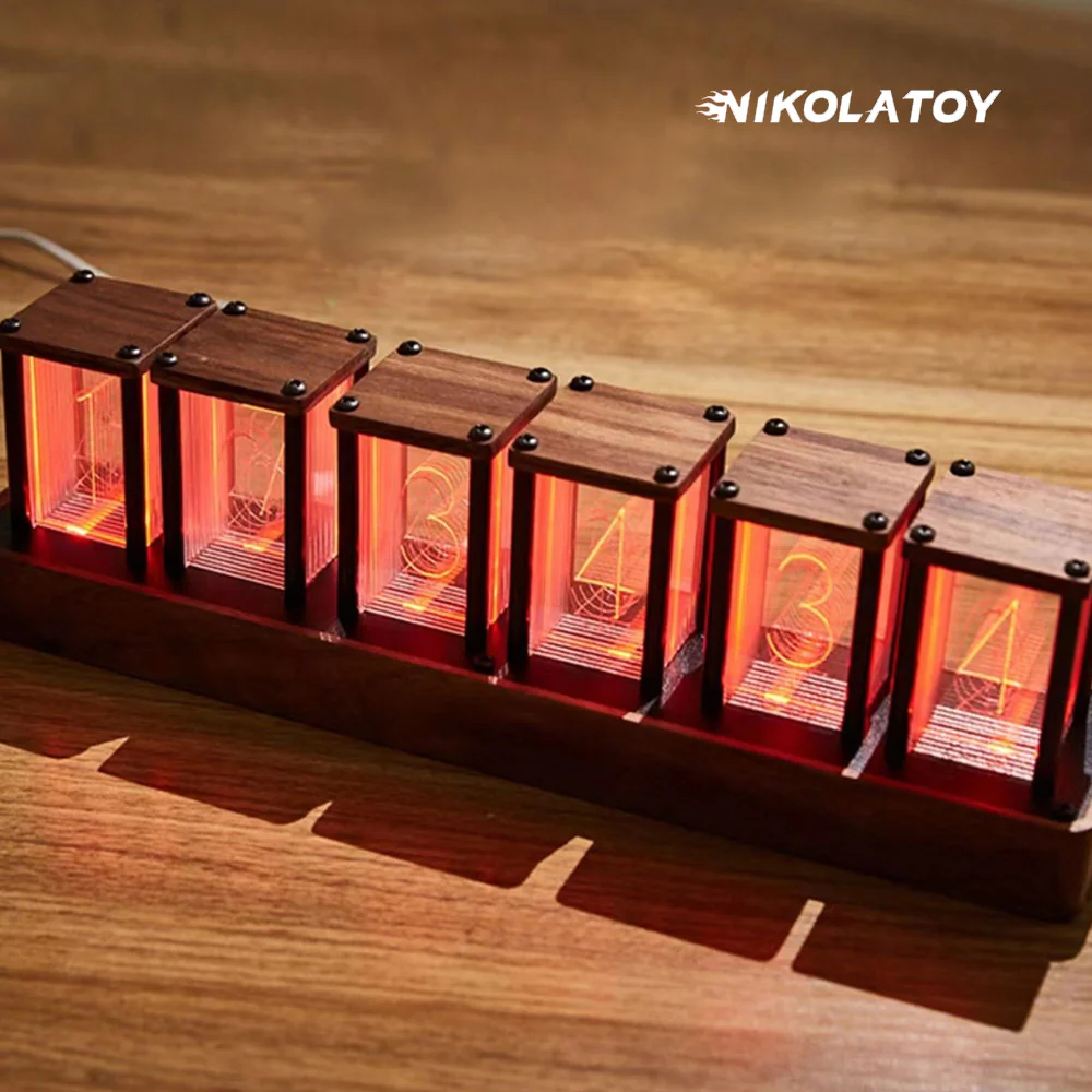 Creative Retro Walnut Wood RGB Glow Tube Clock - Image 4